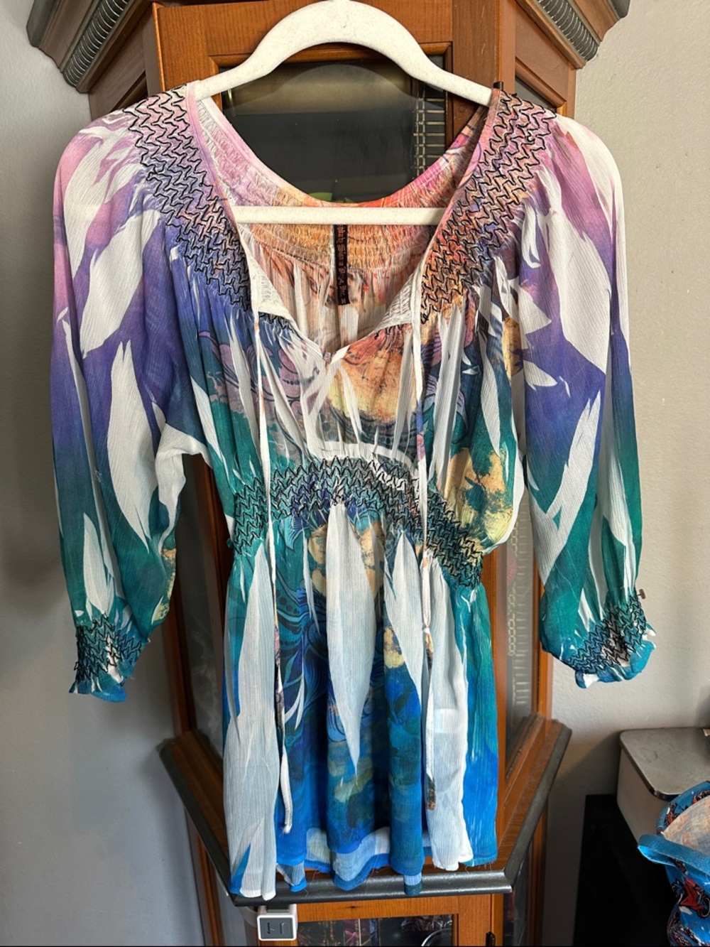 Boho Tie-Front Peasant Blouse in Teal, Purple & White